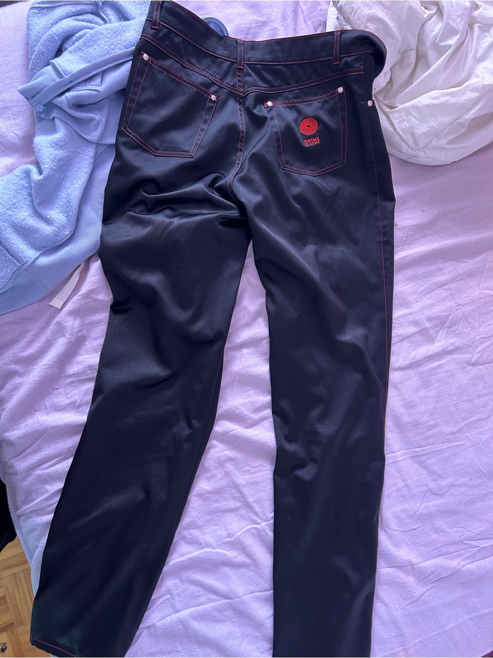 Versace Black Pants with Red Stitching and Back Pocket Logo